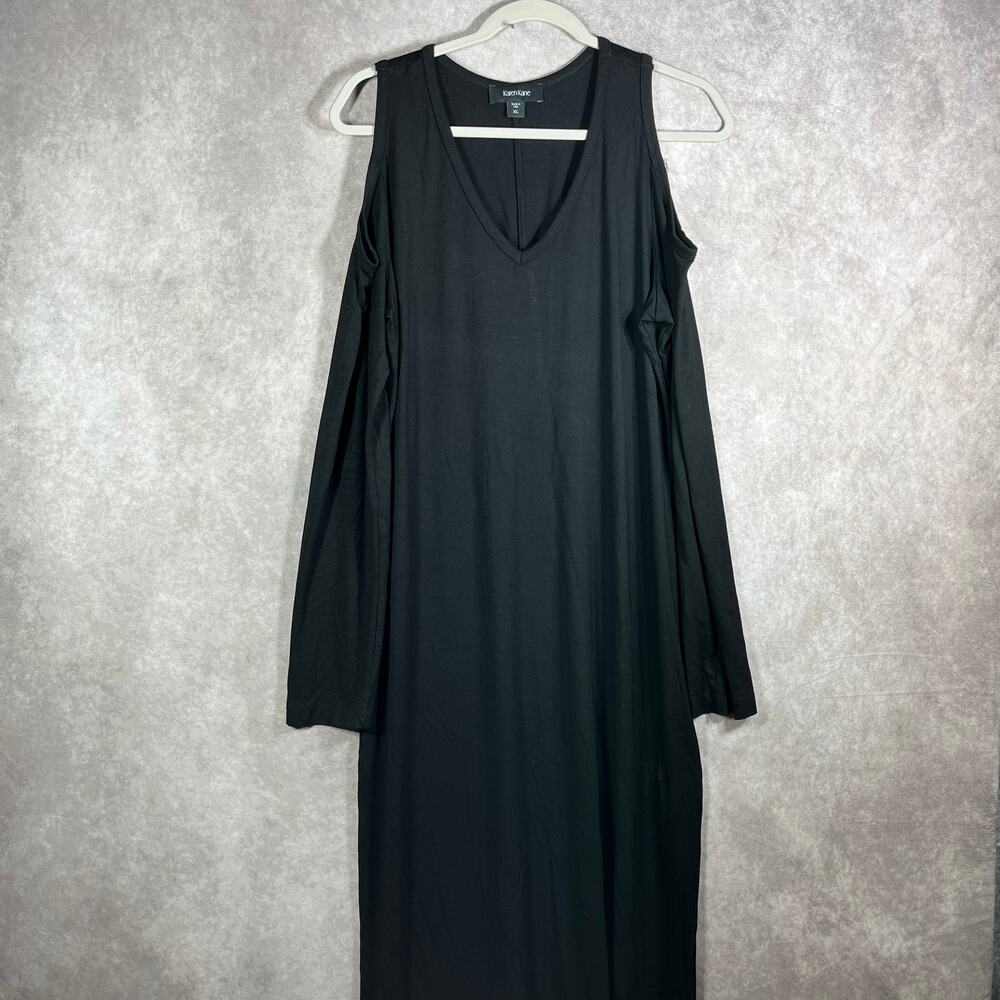 Karen Kane Maxi Dress XL Black Cold Shoulder Side Slit V Neck Long Stretch Knit